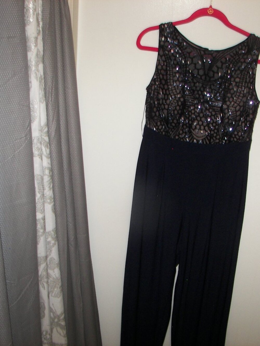 R and M Richards navy blue floor length jumpsuit black sequined mesh top 12P